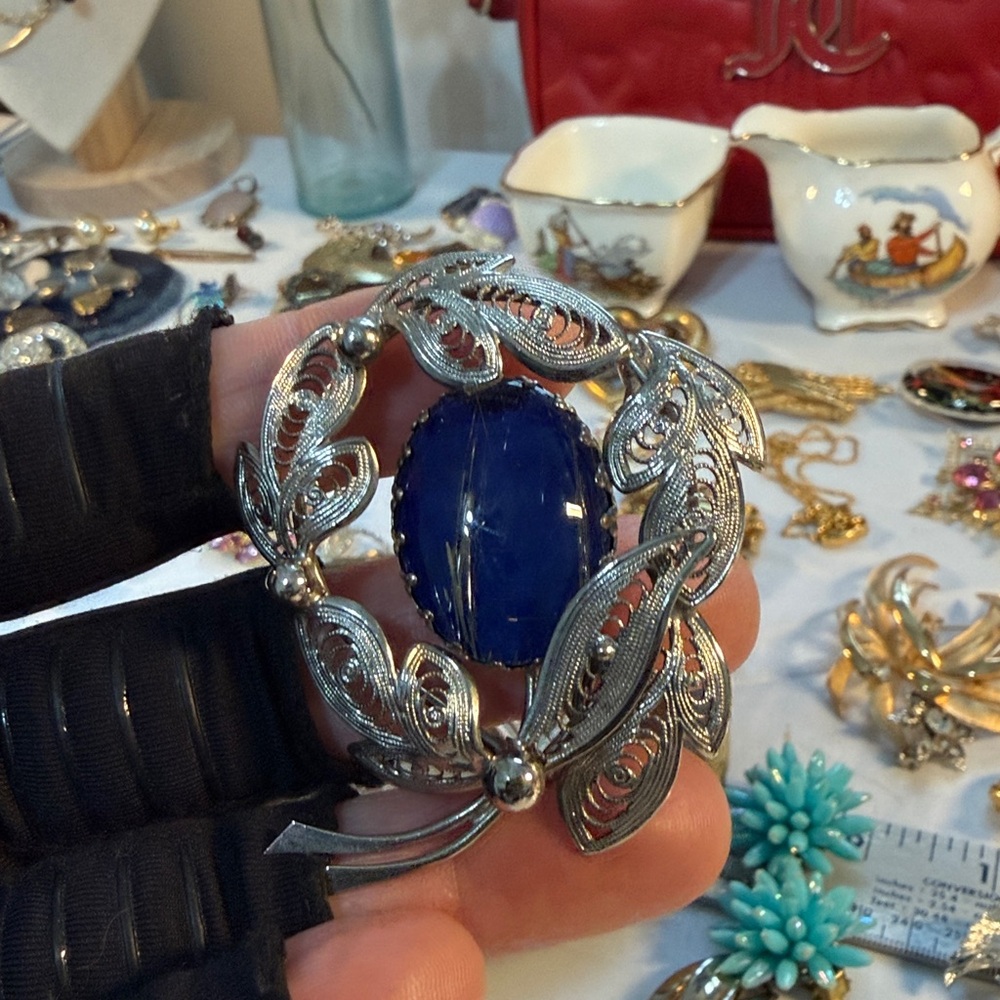 W Germany vintage brooch Blue Silver Filigree brooch